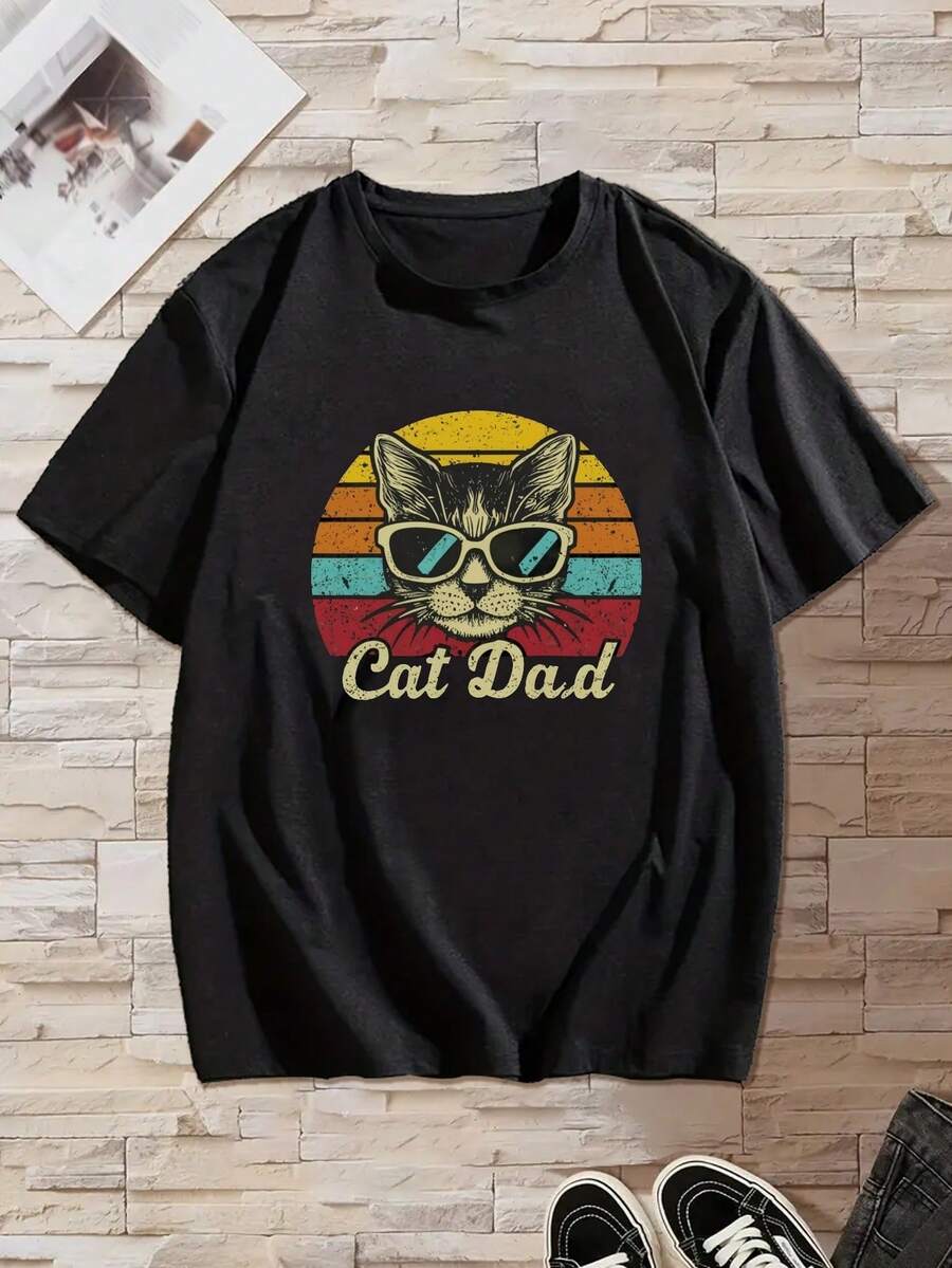 Men'S Summer T-Shirt With Cat Dad Design - 黑色 - 查看 1