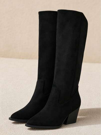 Women's Suede Material Vintage Embroidered Texture Slip-On Fashion Western Boots, Small Square Toe Chunky Heel Multi-Function Riding Boots, Women's Knee-High Boots