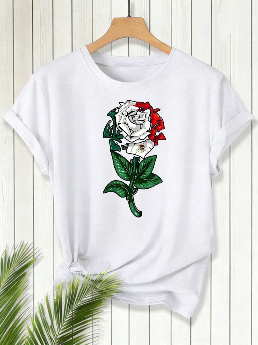 Respirable Camiseta de Mujer con Diseño de Bandera de Rosas, Ropa Casual de Verano, Regalo para Amigos y Familiares,blusas para dama casuales - Blanco - Ver 1