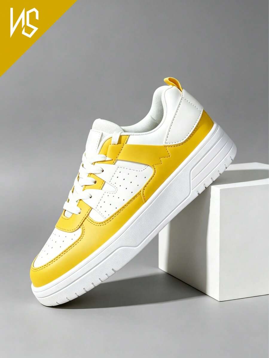 Women's Yellow & White Sneakers, Lightweight Lace-Up Casual Shoes For Everyday Errands, Dog Walking, Gardening, Picnic, Budget-Friendly Footwear - 黃色 - 查看 1