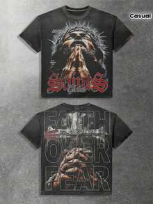 Essential Basic,Saints Global With Praying Figure And Faith Over Fear Mens Distressed Graphic Tee - Gothic-Inspired Crew Neck Hip Hop Streetwear With - Black - View 1