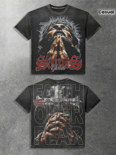 Essential Basic,Saints Global With Praying Figure And Faith Over Fear Mens Distressed Graphic Tee - Gothic-Inspired Crew Neck Hip Hop Streetwear With