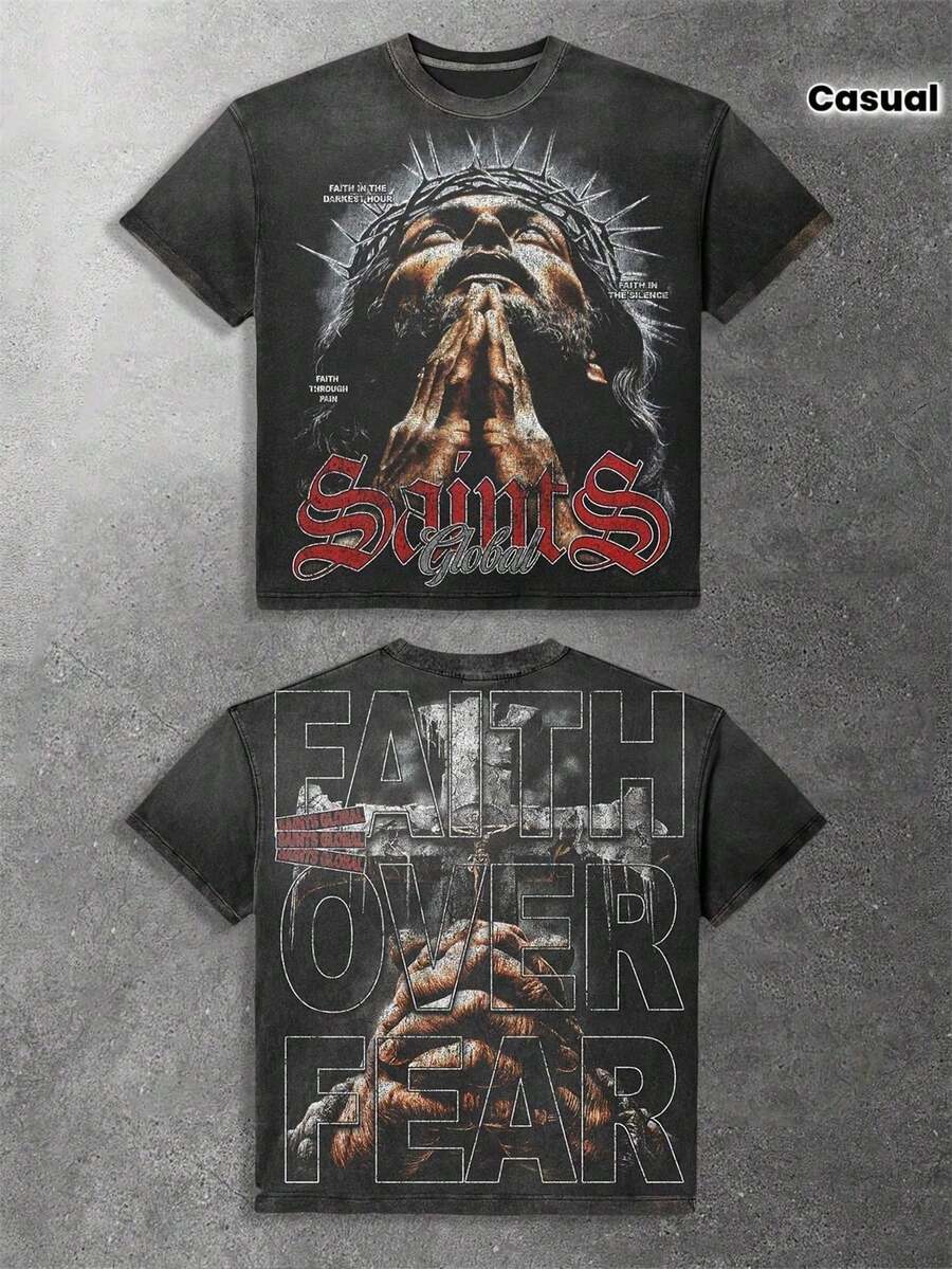 Essential Basic,Saints Global With Praying Figure And Faith Over Fear Mens Distressed Graphic Tee - Gothic-Inspired Crew Neck Hip Hop Streetwear With - Black - View 1
