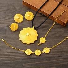 5pcs/Set Women's Jewelry Set Golden Color Geometric Pendant Necklace Earrings Ring Bracelet Head Chain African Saudi Arabian Bride Traditional Jewelry Gift - A - View 6