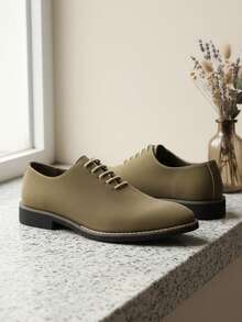 QRLQRL 1 Pair Men's Square Toe Lace-Up Shoes, Made Of PU Upper And Rubber Sole, Comfortable And Suitable For Daily Casual And Business Formal Wear - Olive Green - View 3