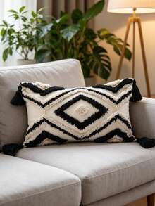 1pc Black Rhombus Pattern Pillowcase, Bohemian Style Embroidered Four-Corner Tassel Fringe Craft, Nordic Daily Room Bed Head Decor Cushion, Living Room Office Sofa Cushion Cover, Outdoor Garden Patio Fabric Decor Pillowcase, Holiday Party Decor Pillowcase, Lounge Chair Cushion, All Seasons Universal, Without Insert, 30*50 45*45cm - Black and White - View 13