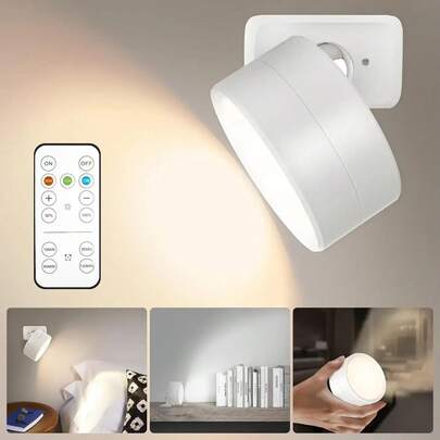 1 pieza Foco de pared LED recargable por USB con control remoto & base giratoria de 360°, lámpara de acento portátil con brillo ajustable para dormitorio, sala de estar, pasillo, cocina, uso en exteriores, camping, fiesta, hogar, decoración interior y exterior, iluminación ambiental nocturna