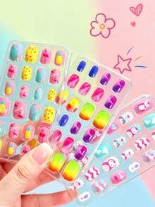 192pcs-8Box Kawaii Children Acrylic Fake Nails, Full Cover Glitter Cute Spring/Summer Pineapple, Unicorn, Penguin, Flamingo, Rainbow, Heart Short Press-On Nails Set For Kids, With 1 Nail File And 8 Jelly Stickers ﻿ - Multicolor - View 8