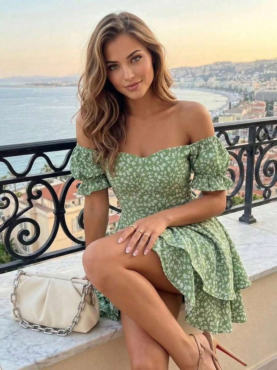 Soulscape Women's Bohemian Style Green Floral Off-Shoulder Mini Dress, Layered Ruffle A-Line Skirt, Suitable For Summer Wear Elegant - Green - View 1