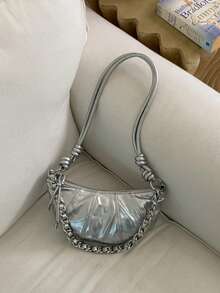 Bolso de mujer 2026 nueva moda estilo croissant dumpling, bolso para teléfono, bolso de hombro, bolso cruzado pequeño - Plateado - Ver 7