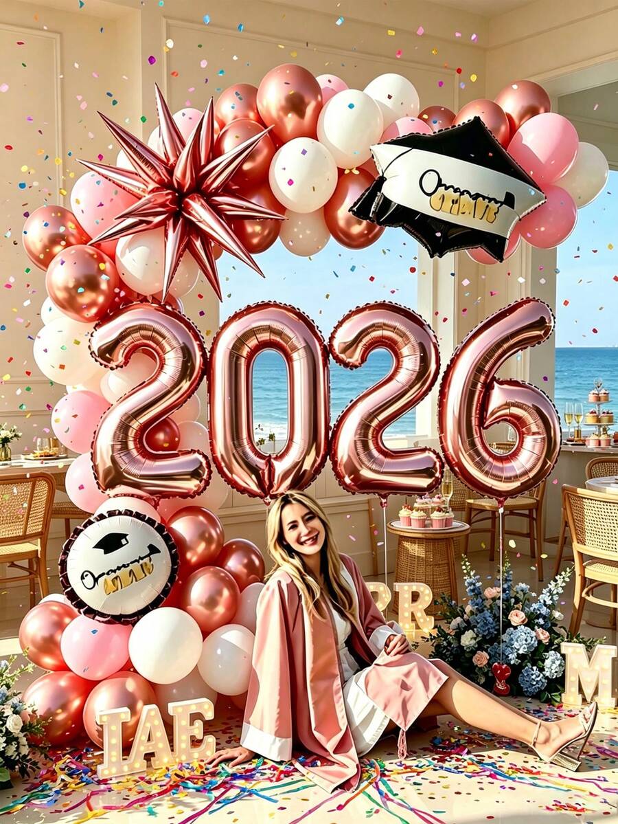 Set de 65 piezas de guirnalda de globos para graduación 2026, globos de foil con número "2026" en oro rosa, globos de foil con gorro de graduación "estrella explosiva", arco de globos de látex rosa y blanco, perfecto para fiesta de graduación, ceremonia de graduación y fondo de fotos al aire libre - Juego de globos de graduación 2026 - Ver 1