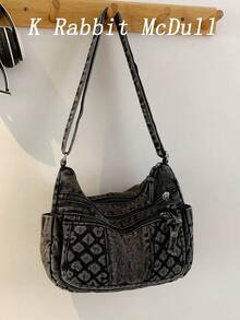 New Casual Chic Multi-Layered Soft Denim Shoulder Bag With Multiple Pockets, Versatile, Suitable For Work, Shopping And Travel. - Black and White - View 1