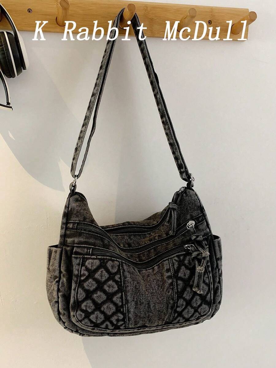 New Casual Chic Multi-Layered Soft Denim Shoulder Bag With Multiple Pockets, Versatile, Suitable For Work, Shopping And Travel. - Black and White - View 1