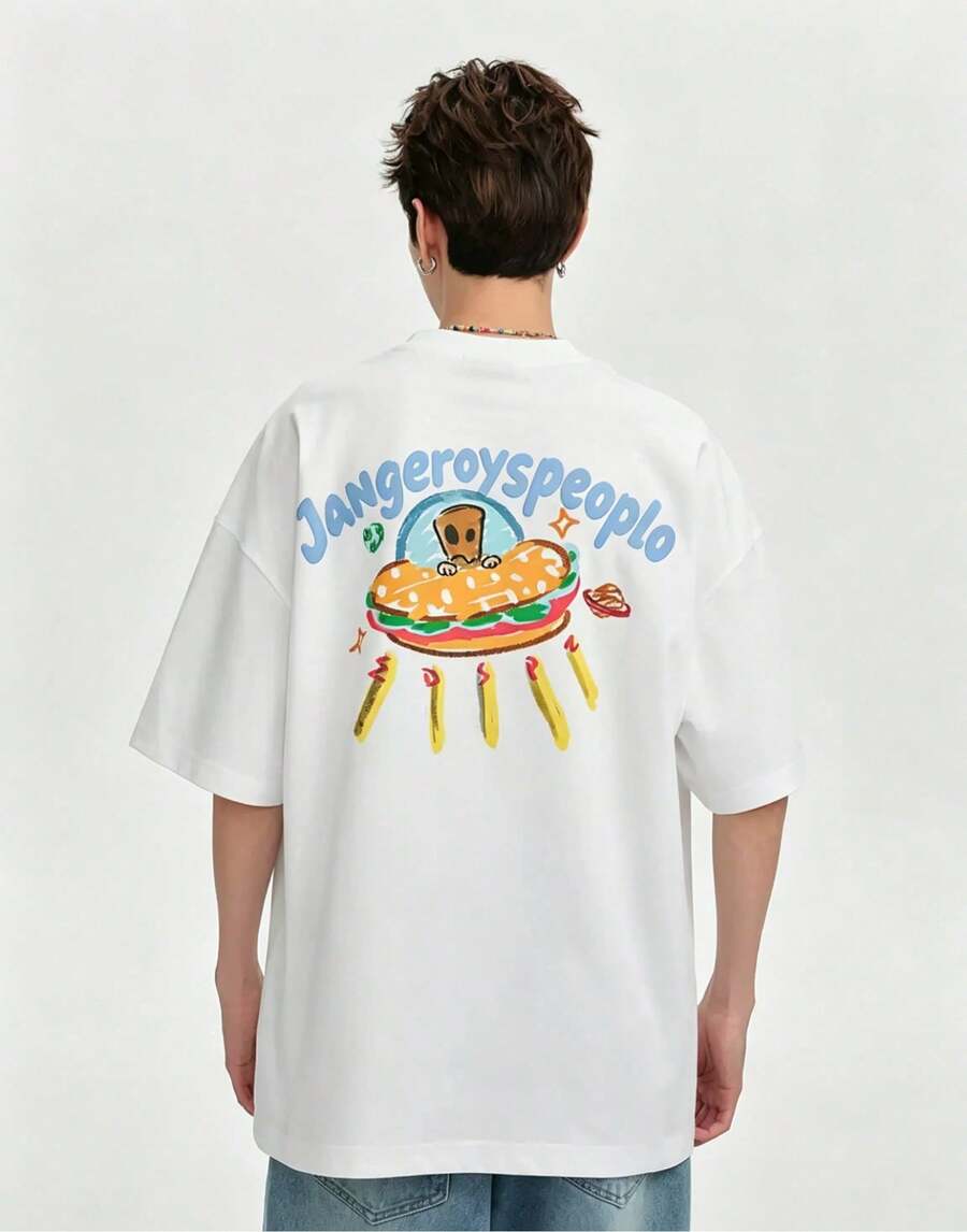 Y2K Damen Oversize T-Shirt mit Graffiti-Burger und Raumschiff-Logo-Print, Lässiges Streetwear-Oberteil mit kurzen Ärmeln - Weiss - Übersicht 1