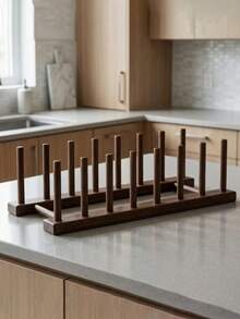 Multifunctional Dark Wood Plate Rack, Vertical Plate Storage Rack And Book Organizer, Countertop Storage Rack, Suitable For Plates, Bowls And Books, Space-Saving Display Rack, Suitable For Kitchen, Dining Area And Office - Multicolor - View 4