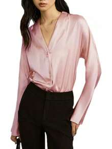 Blusa de seda con cuello en V para mujer, de manga larga, formal, brillante - Azul - Ver 9