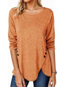 Fisoew - Blusa casual de manga larga para mujer, cuello redondo, botones laterales - Caqui - Ver 11