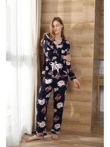 Conjunto de Pijama para Mujer con Cuello Recortado, Estampado Floral, Camisa con Botones y Pantalones Largos, Algodón, 2 Piezas, Ropa de Dormir - Gris - Ver 6