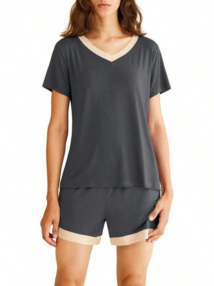 Latuza - Conjunto de Pijama de Manga Corta con Cuello en V para Mujer - Rosa Pálido - Añade 20