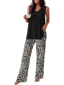 - Conjunto de pijama para mujer, sin mangas, cómodo conjunto de playera sin mangas y pantalones con cuello en V, 2 piezas, S-XXL - Raya gris - Ver 17