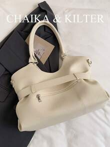 CHAIKA & KILTER 1pc Solid Color PU Fabric Tote Bag, Women's Vintage Fashion Shoulder Tote Bag, Double Handle Design, Zipper Closure, Strap Decoration, Suitable For Daily And Street Use - White - View 11