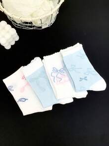1/4 Pair Spring/Summer Blue & White Sweet Bow Lace Comfortable Mid-Calf Socks - Multicolor - View 3