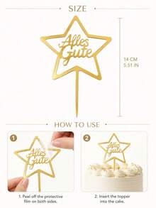 3pcs Gold Mirror Acrylic Alles Gute Cake Topper With Hollow Five-Pointed Star Frame, Elegant German Cursive Script Letter With Stick For Cake Top Decoration, German Birthday & Holiday Party, European Celebration Cake Decor Supplies - B - View 6
