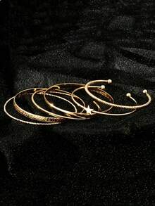 6pcs Vintage Personalized Exaggerated Open Pentagram Smooth Asymmetrical Bangle Bracelet Set - Gold - View 2