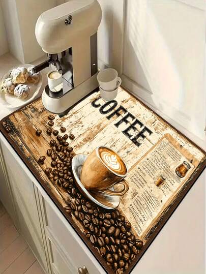 1pc Diatomaceous Earth Bathroom Mat, Vintage Light Brown Wood Grain Base, Realistic Coffee Beans On The Left, Latte Coffee Cup With Exquisite Latte Art In The Center, Bold Uppercase COFFEE Text On Top, Vintage Coffee Recipe Old Paper And Glass Jar Illustration On The Right, Suitable For Kitchen, Bathroom, Entryway, Laundry Room, Bedroom, Living Room Decoration And More