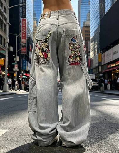K Gothic Style Men's Jeans, American High Street Style, Unique Pattern, Loose Straight Wide-Leg Jeans