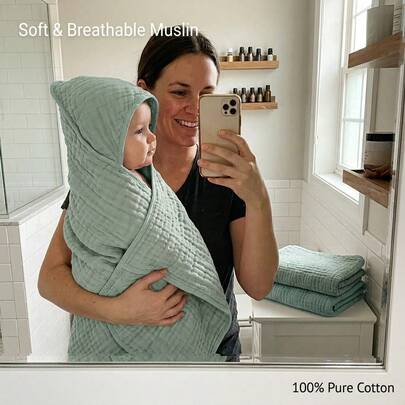 Pure Cotton Hooded Towel Baby Bath Towel, Super Absorbent Large Towel For Newborns & Toddlers, Multi-Layer Muslin Cotton Hooded Baby Towel. OSWS