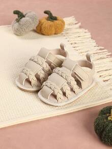 1 par de zapatos para bebé con diseño de rayas tejidas, sandalias planas simples y versátiles, adecuadas para el verano - Albaricoque - Ver 3