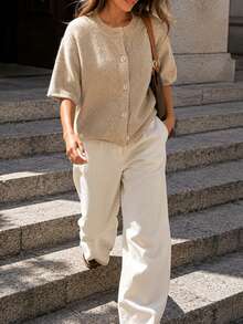 Women's Casual Vacation Fashion Versatile Solid Color Loose Round Neck Short Sleeve Button Cardigan Sweater, Suitable For Spring And Autumn - Camel - View 1