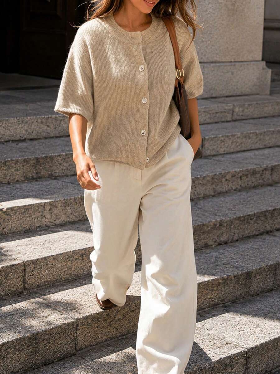 Women's Casual Vacation Fashion Versatile Solid Color Loose Round Neck Short Sleeve Button Cardigan Sweater, Suitable For Spring And Autumn - Camel - View 1