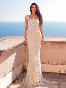 Faeriesty Elegant Off-Shoulder Pearl-Embellished Evening Gown, Transparent Mesh Fishtail Train, Perfect For Red Carpet, Gala, Wedding, Awards Ceremony Party - Champagne - View 4