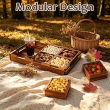 6 Piece Acacia Wood Modular Serving Tray Set With Handles Rectangular Charcuterie Board For Appetizers Snacks And Party Hosting Rustic Home Decor - View 2