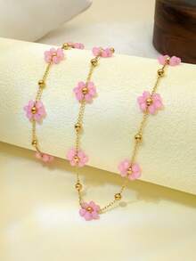 2pcs Stainless Steel Pink Flower Necklace & Bracelet Set, Ideal Gift For Women, Mother's Day, Birthday, Party, Wedding, Vacation, Back To School - Multicolor - View 2