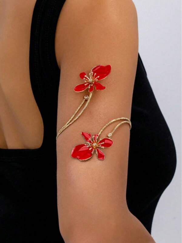 1pc Elegant Minimalist Design Fresh Sweet Red Enamel Glaze Floral Open Cuff Bracelet
