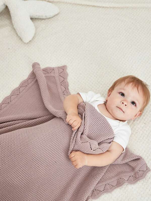 1pc Pure Cotton Baby Knitted Blanket With Lace Edging, Solid Color Minimalist Baby Cover Blanket, Suitable For All Seasons
