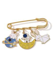 1pc Dreamy Starry Sky Style Multi-Charm Large Brooch, Drip Oil Astronaut Moon Origami Rabbit Colorful Ball Planet Pendant Brooch, Cute Girl Outfit Accessory, Versatile Decoration Pin For Sweaters And Cardigans - Multicolor - View 9