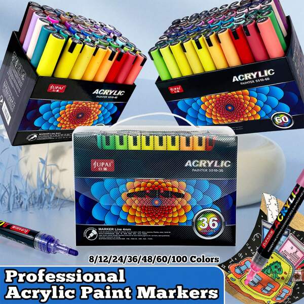JUPAI 100/60/48/36/24/12/8 Colors Acrylic Paint Marker Set, Thick Ink, Smoother Flow, Comprehensive Color Classification. Suitable For Handicrafts And Art Supplies, Can Be Used On Plastic, Glass, Metal, Bamboo, Canvas, Rock, Ceramic And Fabric For Craft Creation, Also Suitable For Professional Art Painting. Ideal Gift For Friends And Family. Essential School Supplies For Back To School.