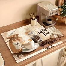 1pc 2D Coffee Theme Kitchen Countertop Mat, Diatomaceous Earth Material, Highly Absorbent, Suitable For Tableware, Coffee Machine, Microwave, Etc. Fashionable Watercolor Design, Ideal Choice For Modern Kitchen. - Multicolor - View 13