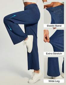 Heathyoga - Jeans de pierna ancha para mujer, cintura alta, pantalones holgados para mujer, pantalones de mezclilla elásticos de pierna recta, pantalones de mezclilla - Denim azul marino - Ver 4