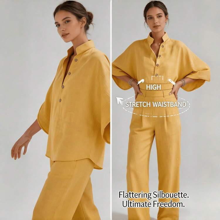 Conjunto de Dos Piezas de Lino y Algodón para Mujer, Camisa Casual con Mangas de Murciélago y Pantalones de Pierna Ancha, Transpirable - Azul oscuro - Añade 5