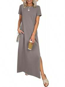 ANRABESS - Vestido largo casual de verano para mujer, manga corta, cuello redondo, dividido, sin arrugas, para viajes, playa, día festivo - Verde bosque - Ver 11