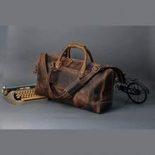 KomalC - Bolsa de Viaje de Piel para Hombres y Mujeres, de Grano Completo, para Fin de Semana, Deportes y Gimnasio - Marrón, Búfalo Envejecido Bronceado - Búfalo envejecido bronceado - Ver 10