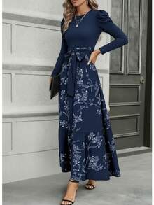 Abito elegante e casual da tutti i giorni, con stampa floreale, patchwork, in tessuto lavorato a maglia, con zip in vita, adatto per l'ufficio, la primavera, l'autunno e le vacanze - Blu reale - Visualizzare 5