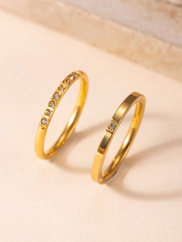 2pcs Fashionable Luxury Stainless Steel 18K Gold Plated Single Diamond And Single Row Rhinestone Thin Band Ring Set, Suitable For Women's Daily Wear Or Party