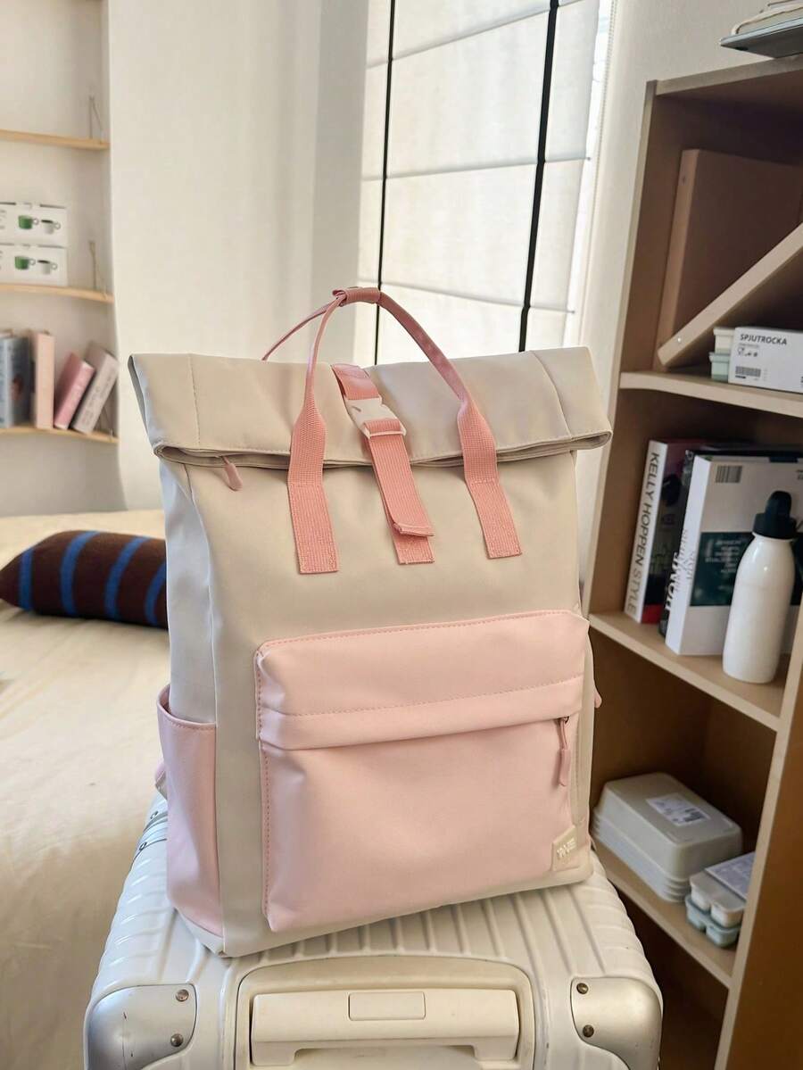 Women's Functional Single-Color Backpack, Suitable For Work And Travel, Minimalist Everyday Functional Backpack For Women, Minimalist Black Sports Backpack For - Champagne - View 1
