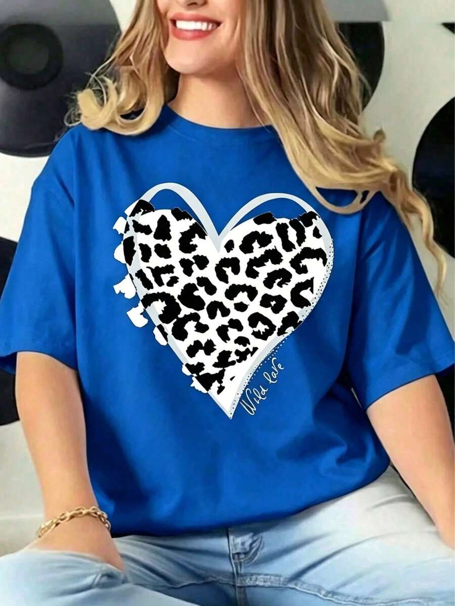 Women's Cotton T-Shirt With Round Neck And Heart Print, Women's Sportswear, Casual Women's Sportswear For Running, Walking, Outdoors, Comfortable, Lightweight, Soft Summer Blouses For Women - 藍色 - 查看 1